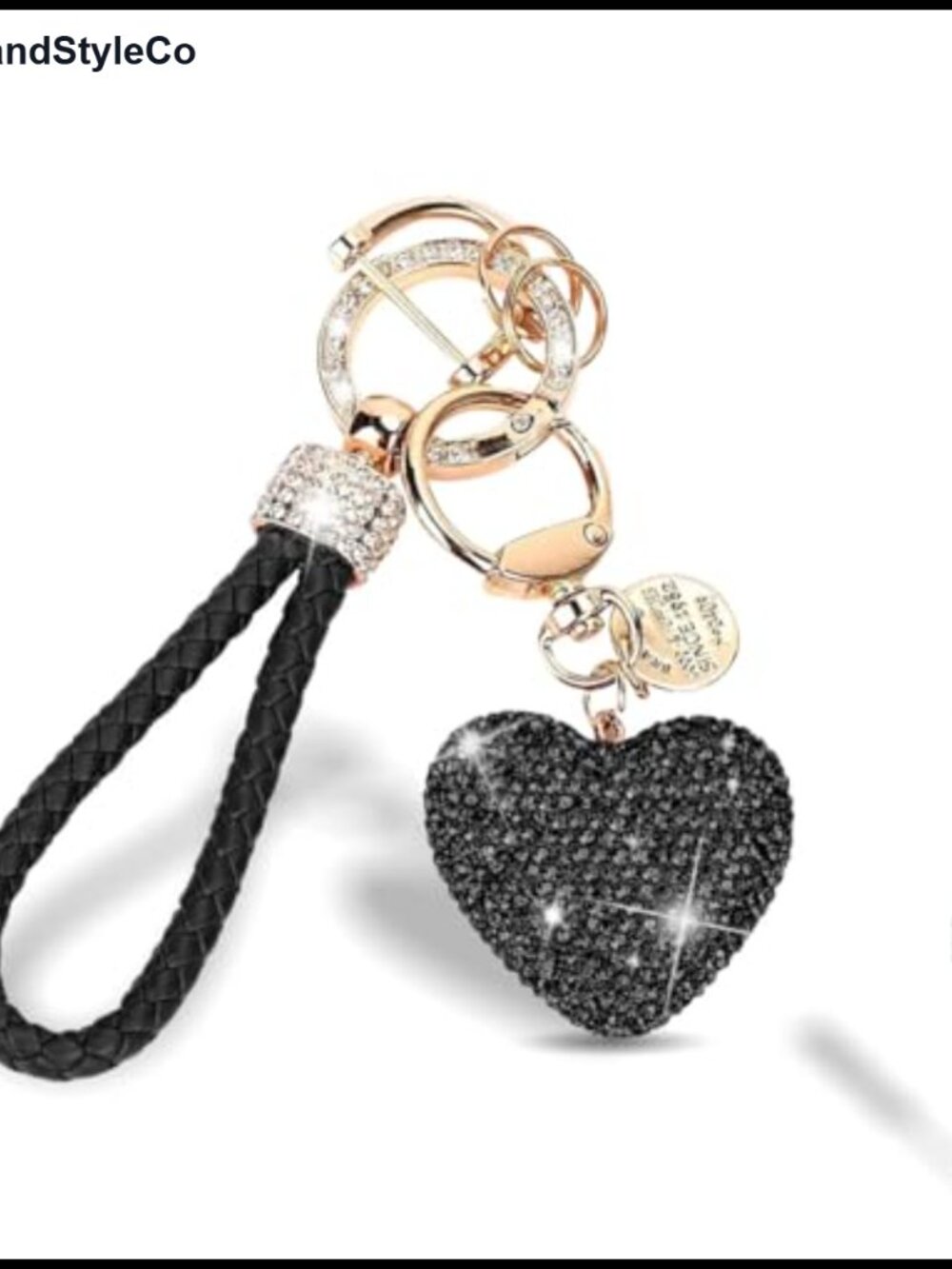 Sparkly Rhinestone Heart Car Key Chain Braided Leather Key Fob